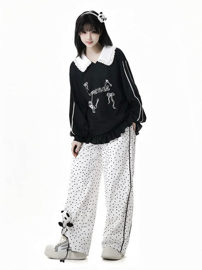 White Polka-Dot Pattern Cotton Straight-Leg Pants with Panda Plushie