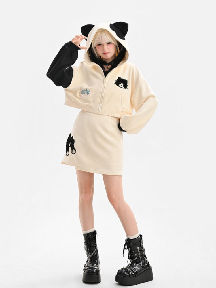 Black and White Kitty Ear Hood Kitty Pattern Zip Closure Cropped Hoodie
