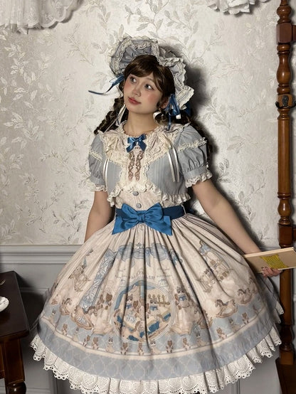 Blaues Lolita-Kleid mit Rüschen und Rundhalsausschnitt, Kätzchen- und Teddy-Print, Sweet Lolita OP
