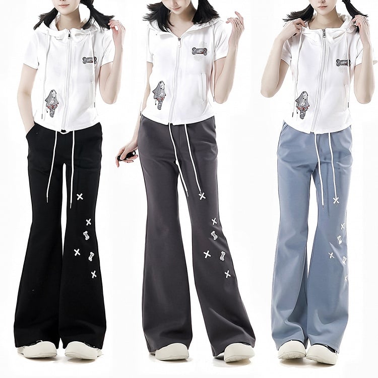 Bone Embroidery Drawstring Waist Flared Pants Black/Blue/Gray