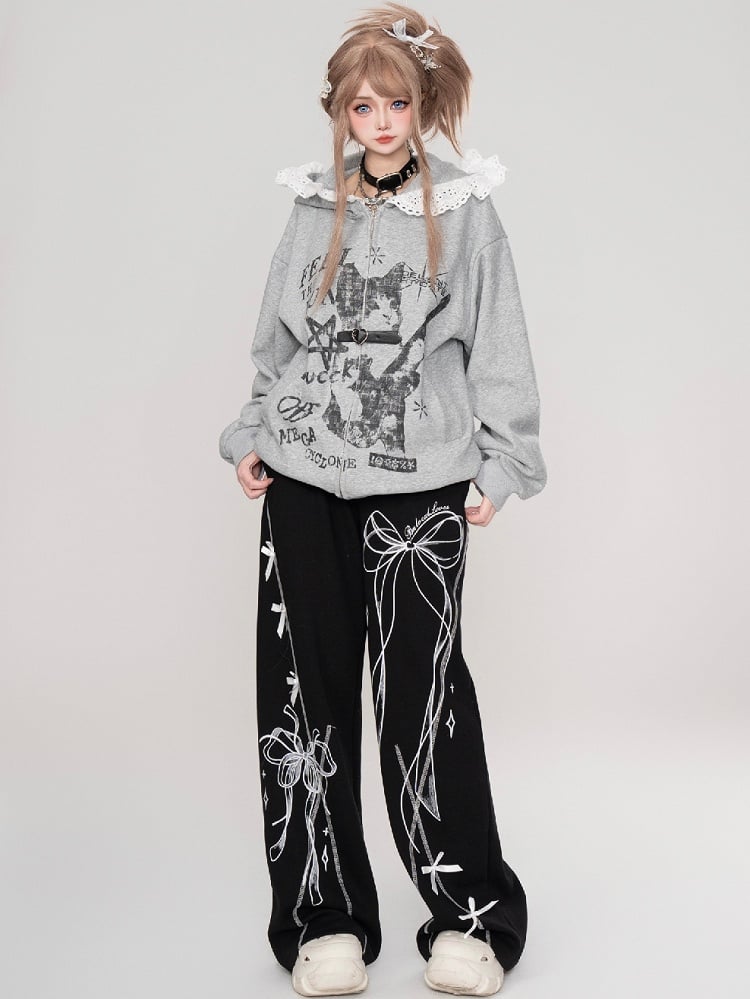 Black/Light Grey Ribbon Bow Straight-leg Cut Sweatpants