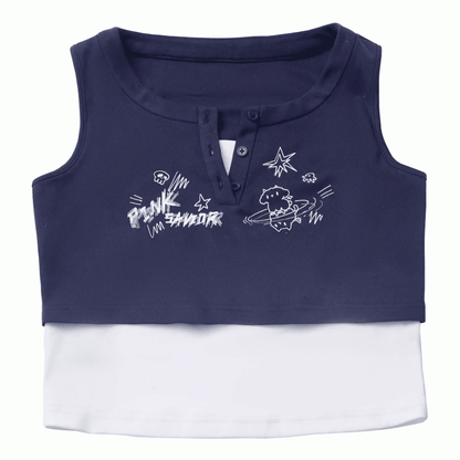 Graffiti Blue/Dusty Navy Top Two-pieces Blue/Dark Faux Print Tank Gray