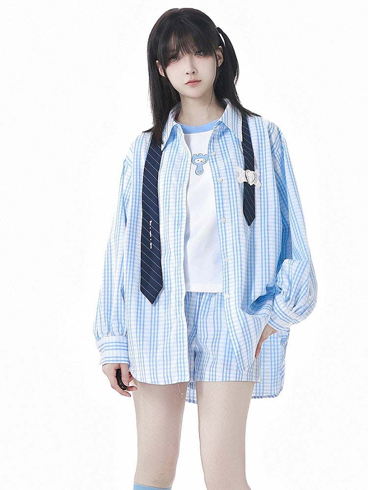 Blue  White Elastic Waist Plaid Shorts