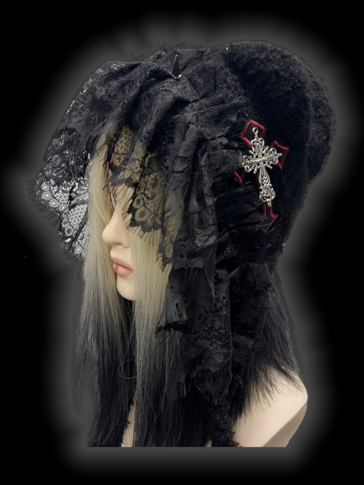 Gothic Black Studs Adorned Lace Trim Cross Charm Knit Hat