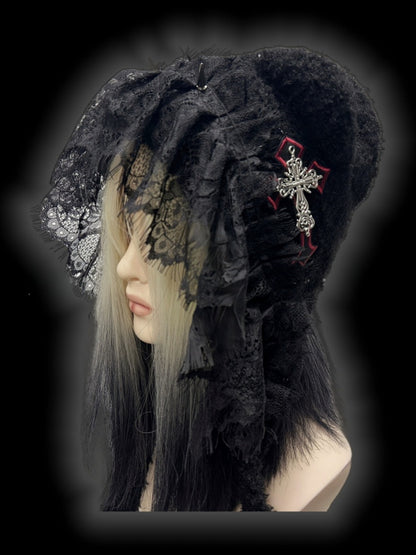 Gothic Black Studs Adorned Lace Trim Cross Charm Knit Hat