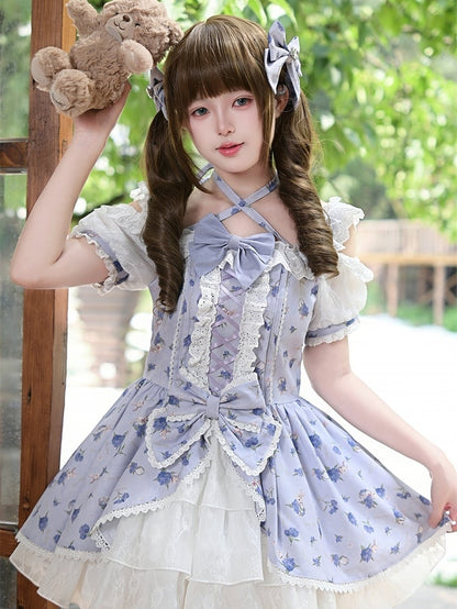 Neck Purple Hydrangea Print Open Shoulder Halter Light OP Sweet Lolita Dress