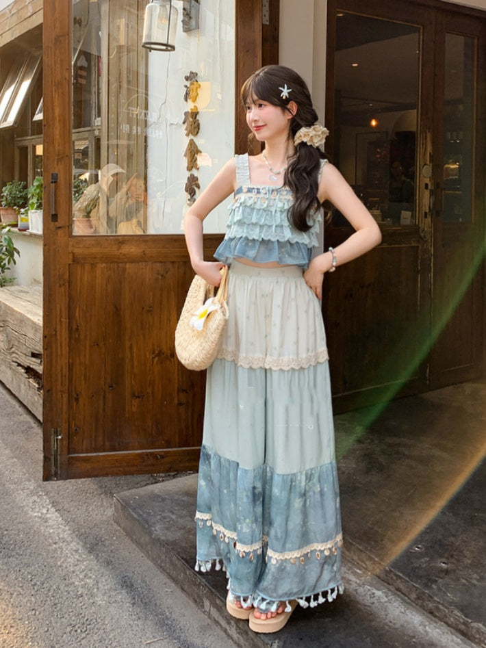 Tassel Hem Shell Charm Wide-Leg Holiday Pants Blue Colorblock Design