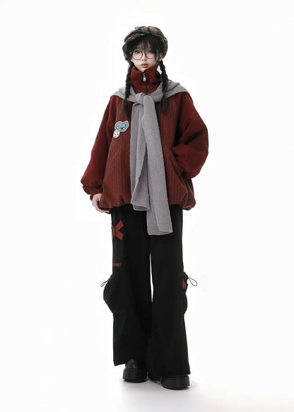 Wine Red High Neck Koala Applique Bubble Hem Striped Coat