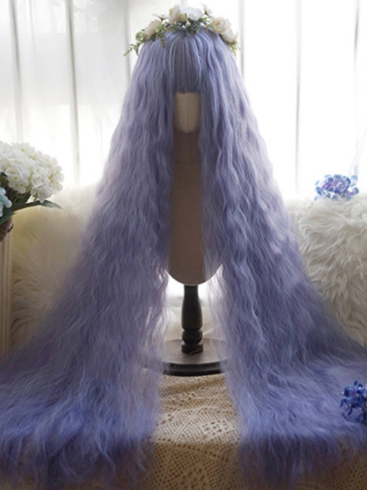 Purple Long Curly Wig With Full Bangs