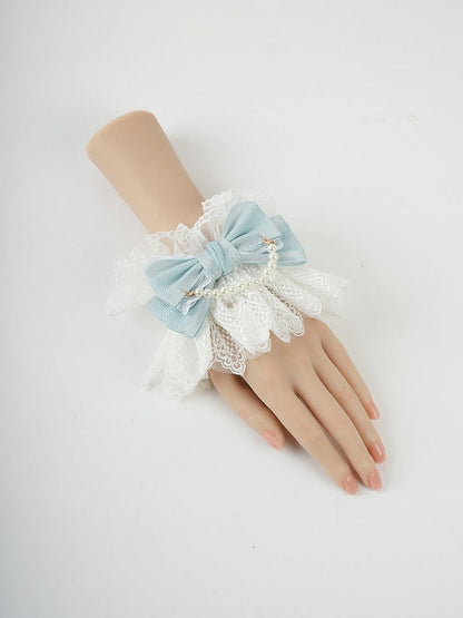 Blue Big BowRuffled Lace Trim Wrist Cuffs with Beaded Chain