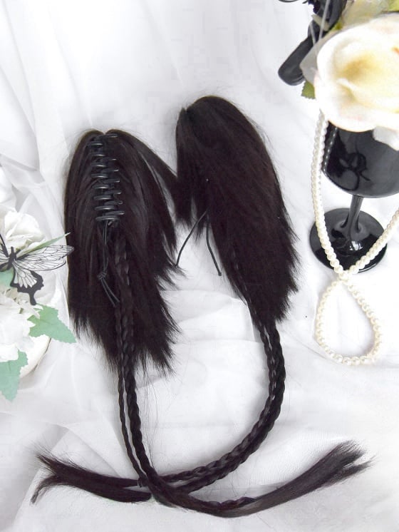 Black Long Straight Wig With Bangs＋Double Ponytail Claw Clips