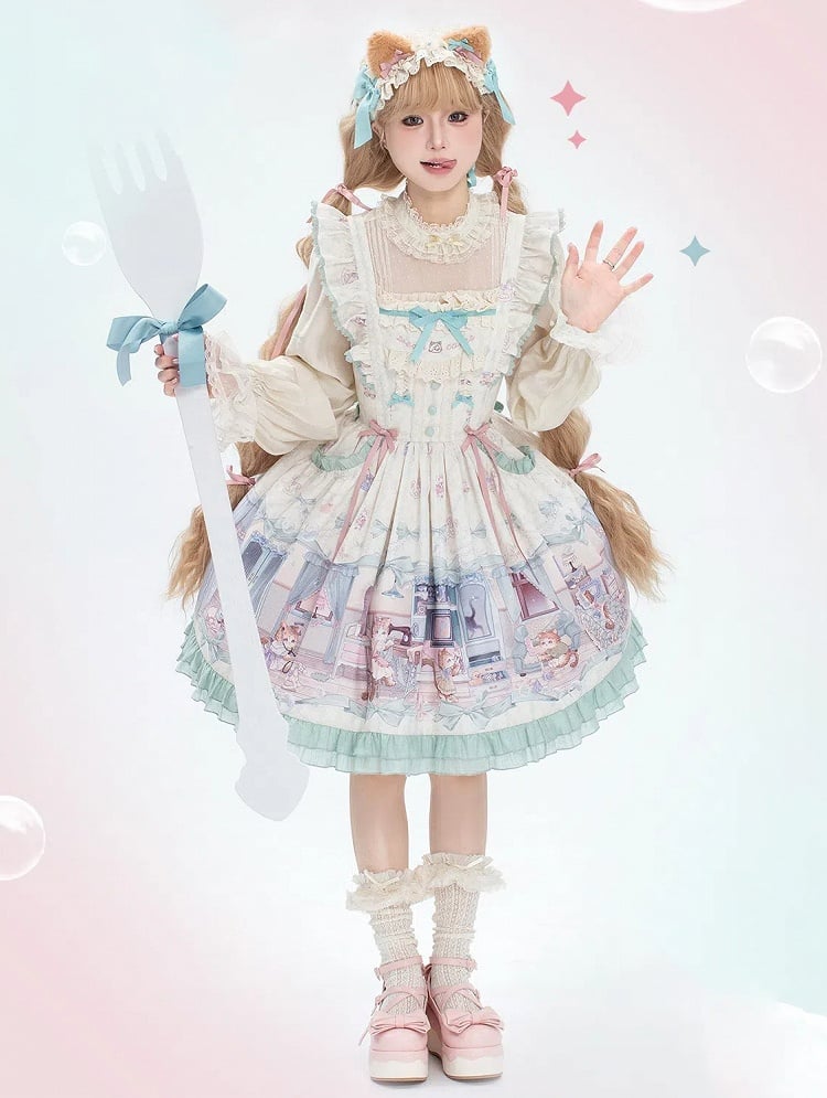 Cute kitty and Green Bows Sweet Lolita Dress Flutter Shoulder Straps Jumper Skirt