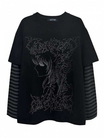 Schwarzes T-Shirt mit Grafik und gestreiften Ärmeln im Emo-Punk-Girl-Stil