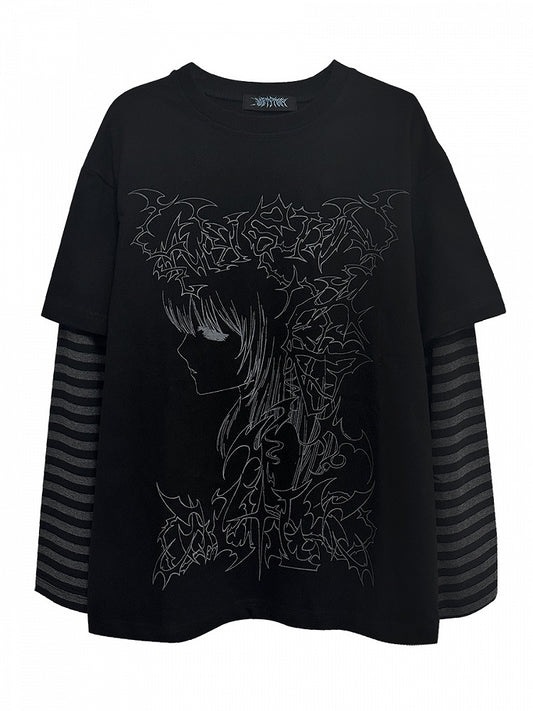 Schwarzes T-Shirt mit Grafik und gestreiften Ärmeln im Emo-Punk-Girl-Stil