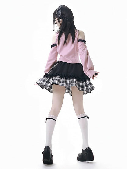 Chain Idol with Detachable Tiered Plaid Skirt Belt Black Waist Punk