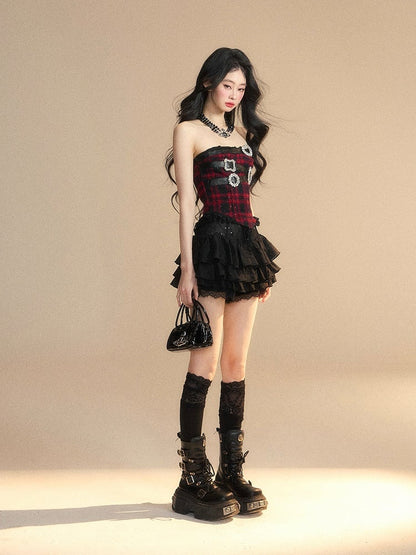 Black Plaid Rhinestone Buckles Lace Trim Glamorous Strapless Top Red