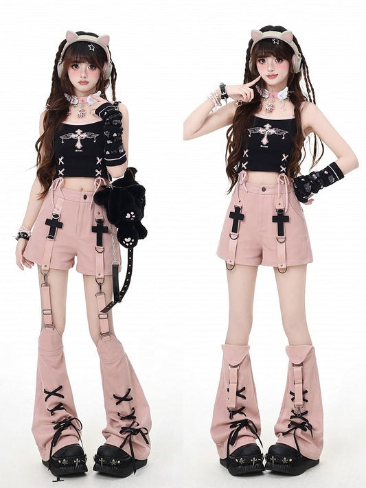 Pink Cross Embellished Shorts with Lace-up Detail Detachable Leg Warmers