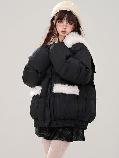 Black Letters Plush Hood Puffer Jacket