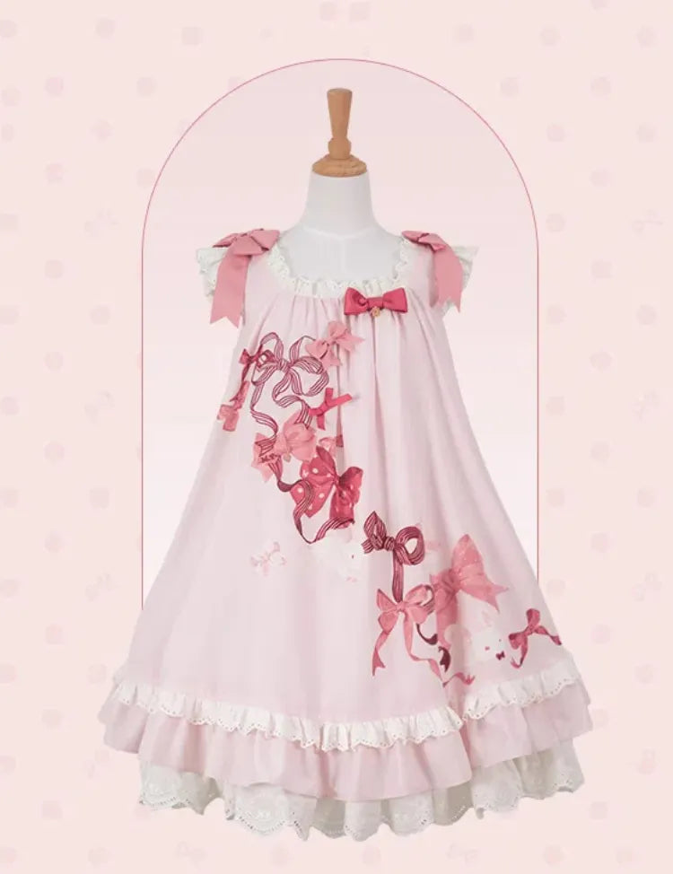 Eyelet Scalloped Sweet Pink Trimming Print Bow Dress and Lolita Bunny