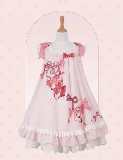 Eyelet Scalloped Sweet Pink Trimming Print Bow Dress and Lolita Bunny