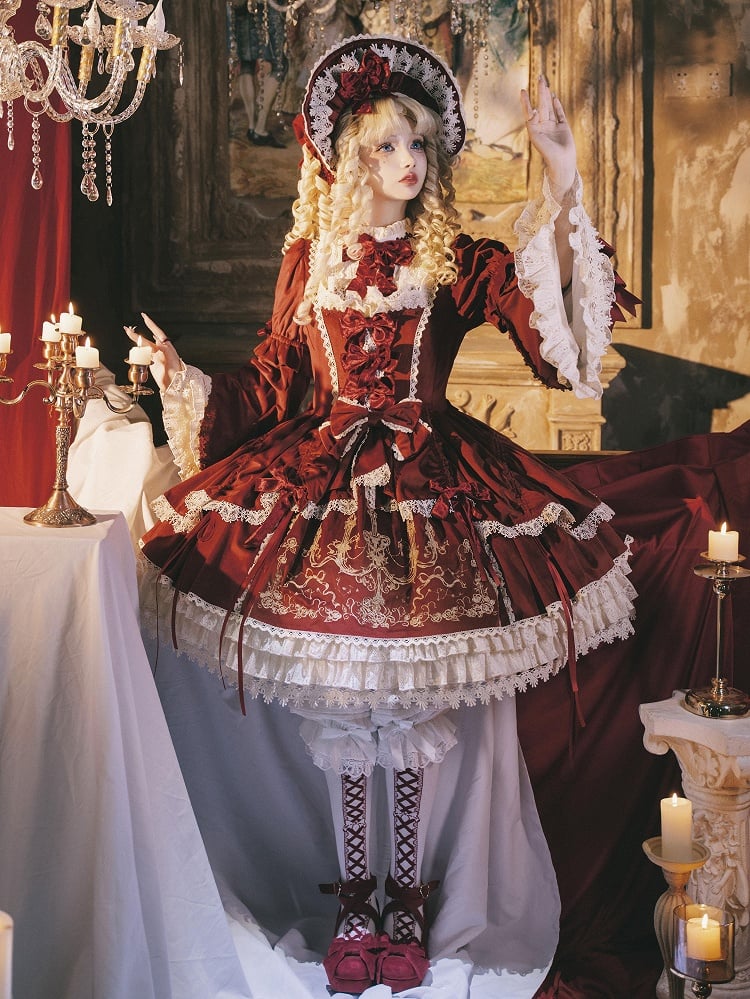 Red Candle Dress Candlestick Embroidery Velvet Bell and Sleeves