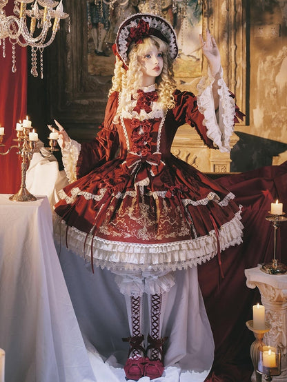 Red Candle Dress Candlestick Embroidery Velvet Bell and Sleeves