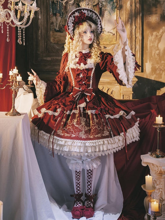 Red Candle Dress Candlestick Embroidery Velvet Bell and Sleeves