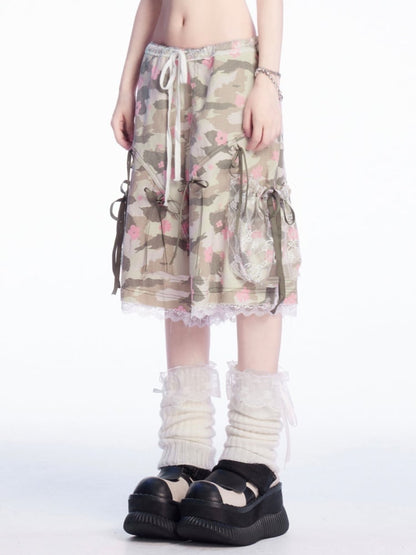Details Camouflage Drawstring Waist Bowknot Lace Trim Wide-leg