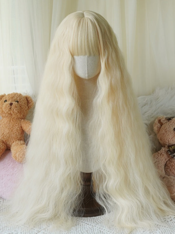 Perruque ondulée noire/blonde/blonde claire/rose, longueur hanches, avec frange complète