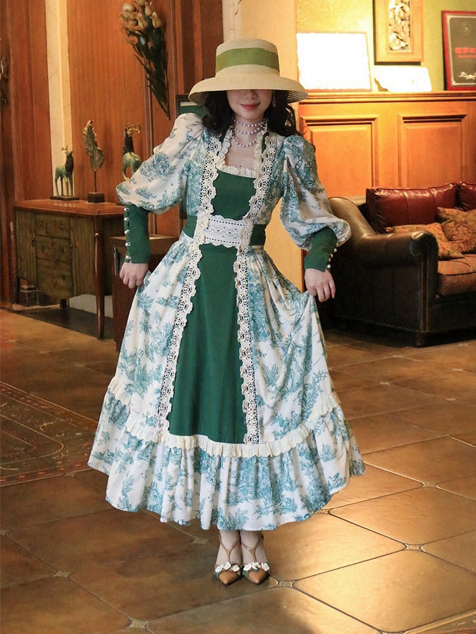 Robe vintage vert foncé à encolure carrée et manches gigot en dentelle florale