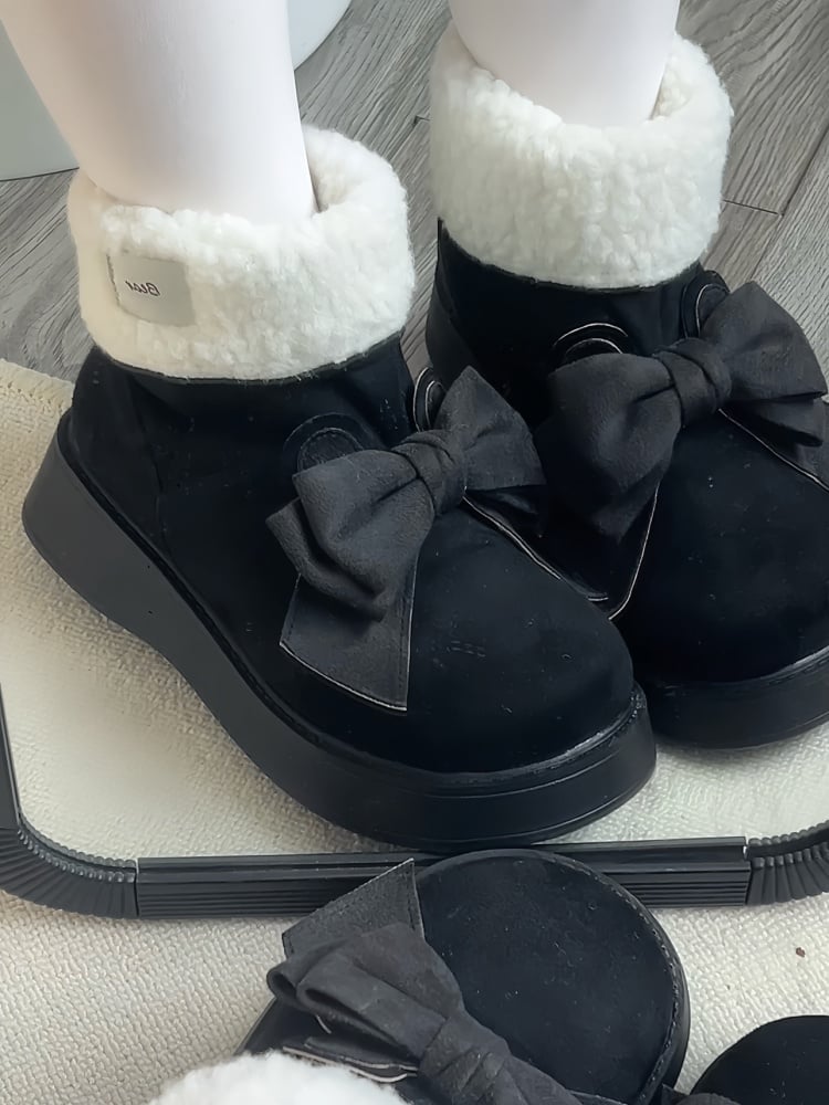 Black Bunny Ear Design Bowknot Platform Winter Boots