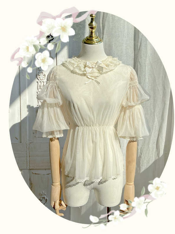 Beige Semi-sheer Leg-of-Mutton Sleeves Blouse