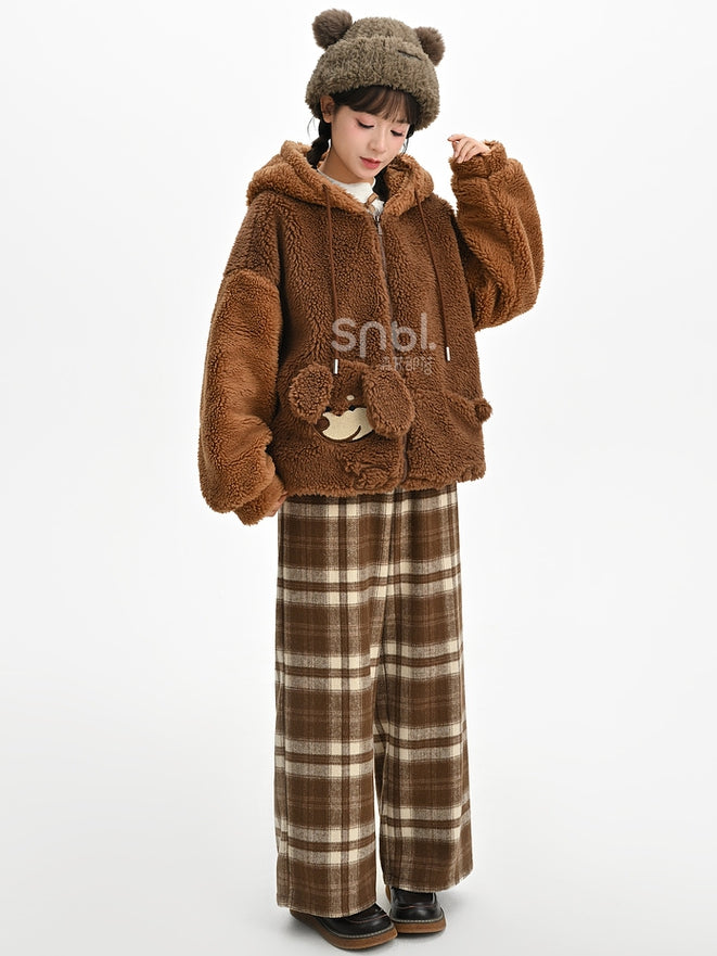 Brown Cute Puppy Pocket Design Fleece Zip Hoodie