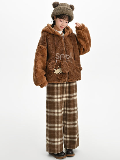 Brown Cute Puppy Pocket Design Fleece Zip Hoodie