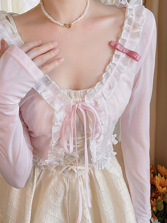 Cardigan With Self-tie Pink Bow Knit Crop Straps  Lace Trim
