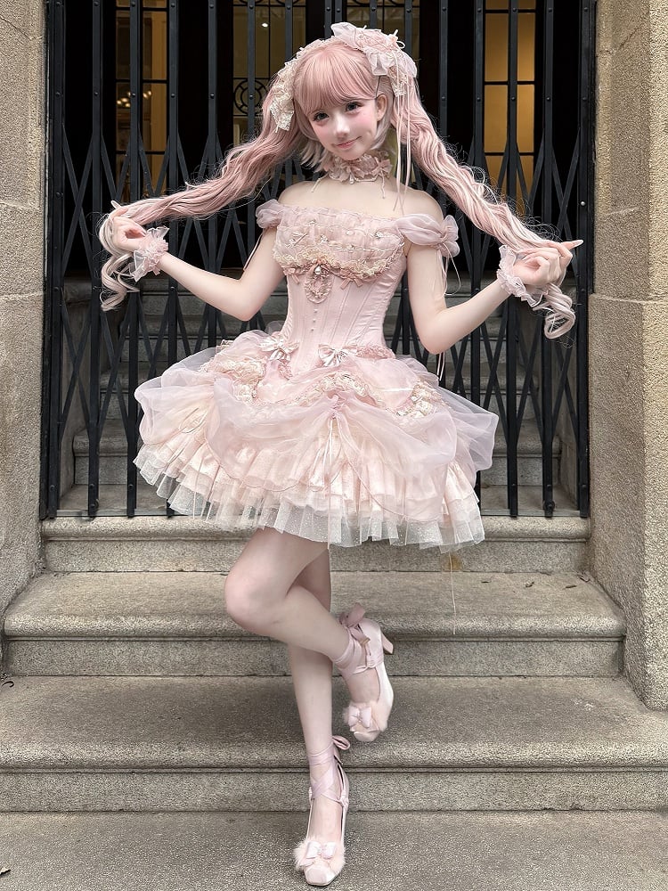 Sleeves Layered Outfit Top Corset Balletcore Ruffle Pink Boned Puff Princess Lolita + Skirt