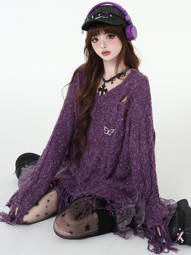 Distressed Holes Fringe Hem Purple Sweater with Free Sacrf