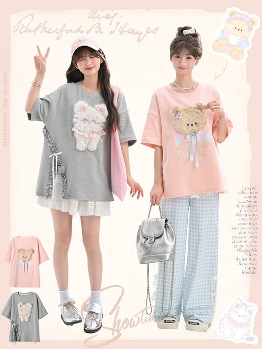 T-shirt rose/gris à col rond en peluche avec motif chat/ours