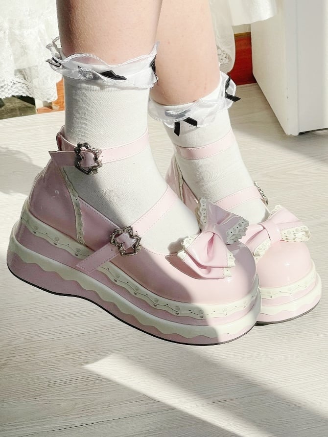 Lolita Cute Pink Bowknot Cake Buckle Straps Platform Shoes