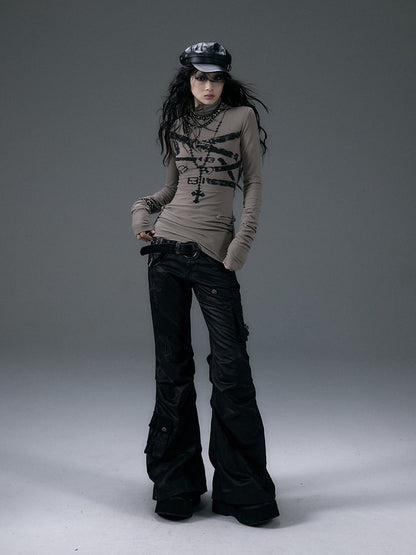 Black Low-Waist Slim-fitting Flared Cargo Pants