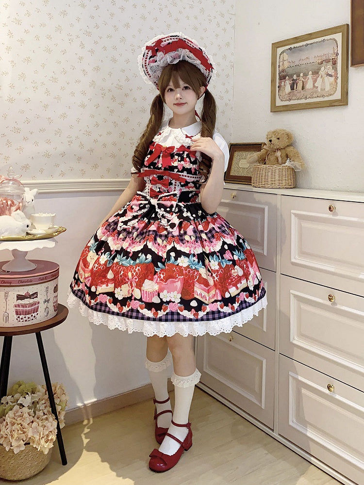 and Sweet Black Strawberry Dessert Dress Print Lolita