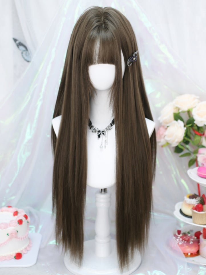 Perruque brune lisse 70-75 cm avec frange aérienne