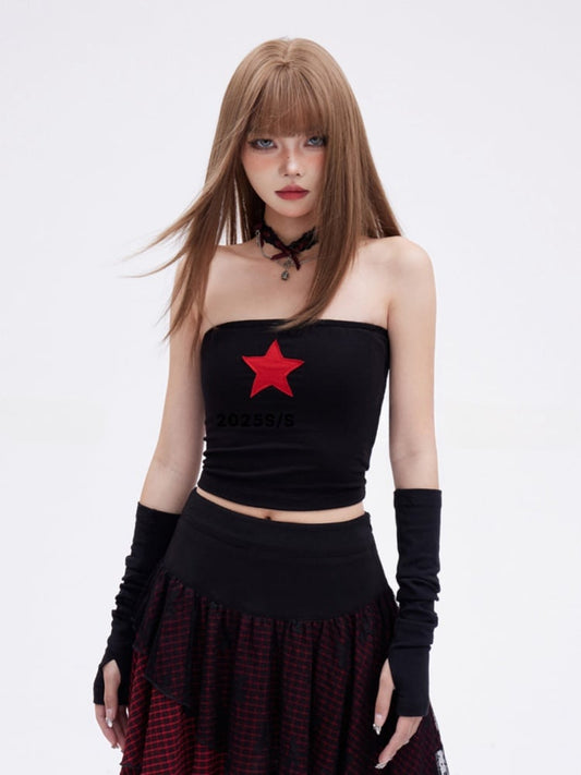 Glamorous Vintage Black  Slim-fitting Bustier Top Red Star Print Cropped
