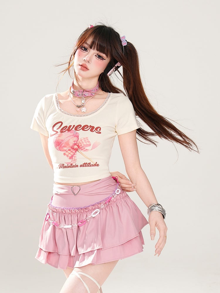 Trim Sweet Lollipop Print Lace T-Shirt Pink/Apricot Glamorous Cropped