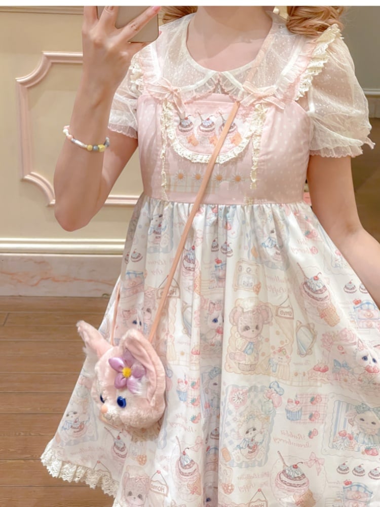 Sweet Lolita Dress Jumper Pink Flutter Sleeves Kitten and Cake Print Skirt