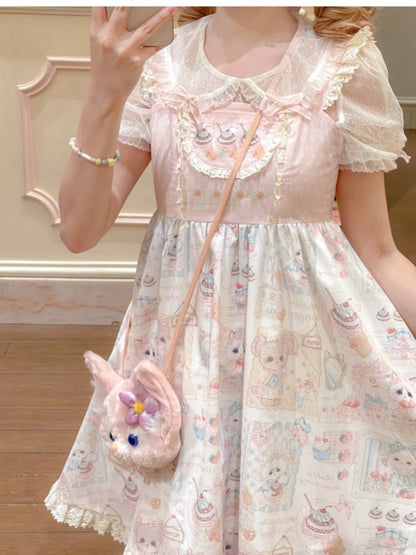 Sweet Lolita Dress Jumper Pink Flutter Sleeves Kitten and Cake Print Skirt