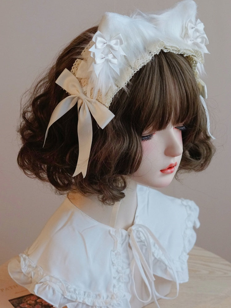 White Cat Lace Bowknot Details Ear Hairband Trim