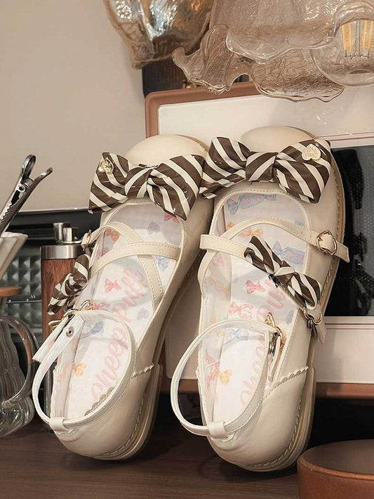 Lolita Crisscross Bow BeigeBraun Schnallen Gestreifte Schuhe Design Top bei Pattern Heart