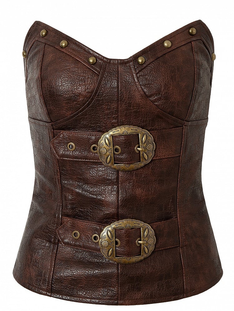 Bustier Buckle Decorated Punk Top Red/Brown Wasteland PU