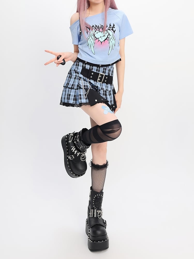 Y2K Light Blue Buckle Strap Tiered Plaid Skirt
